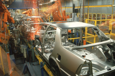 Robotics spot welding at Saab Plant in Sweden